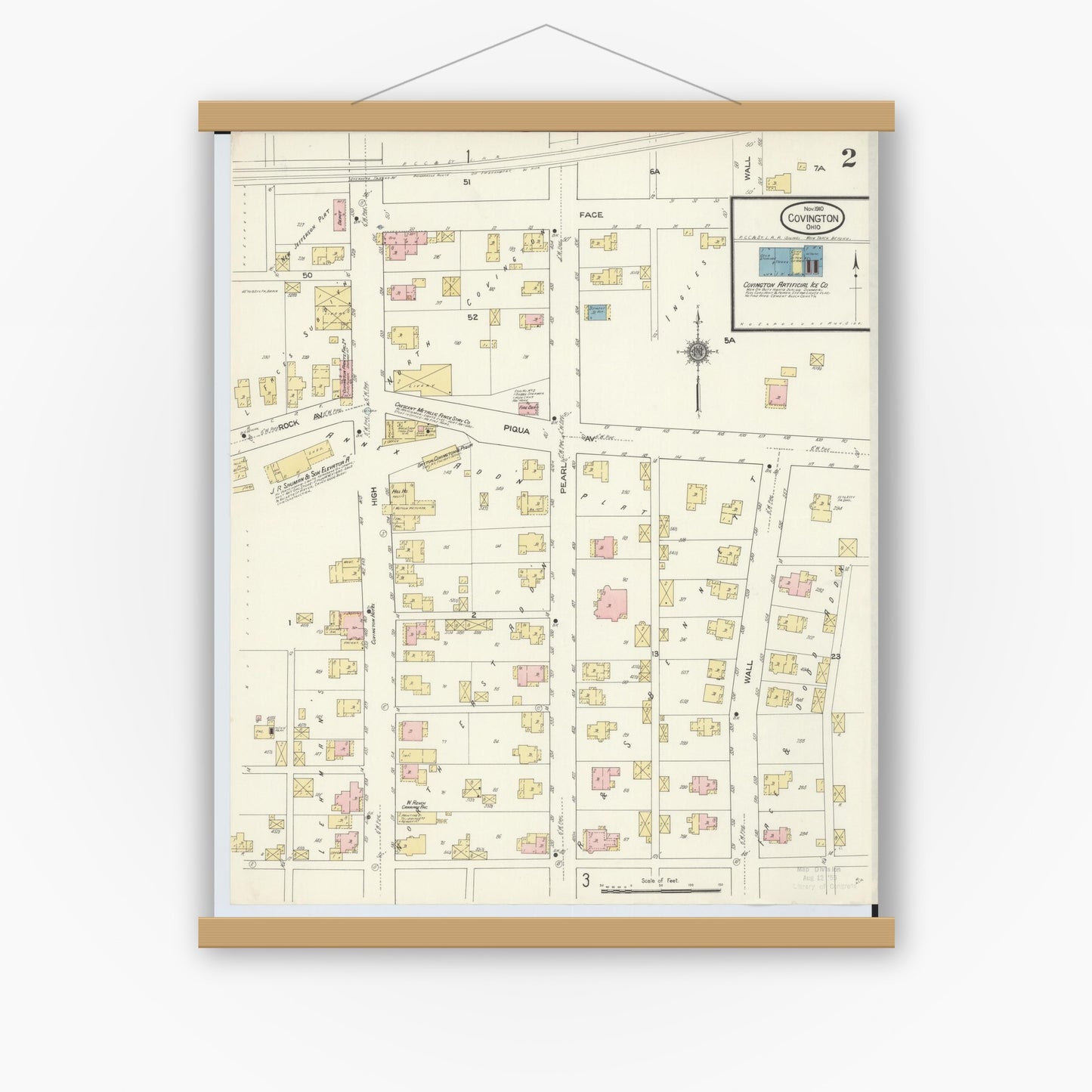 Old map wall art mockup — magnetic wood frame on white wall — Sanborn Fire Insurance Map from Covington, Miami County, Ohio (1910), Sheet #0002