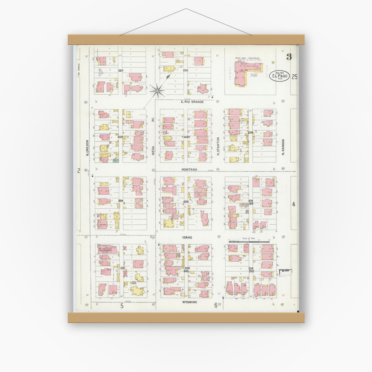 Old map wall art mockup — magnetic wood frame on white wall — Sanborn Fire Insurance Map from El Paso, El Paso County, Texas (1902), Sheet #0003