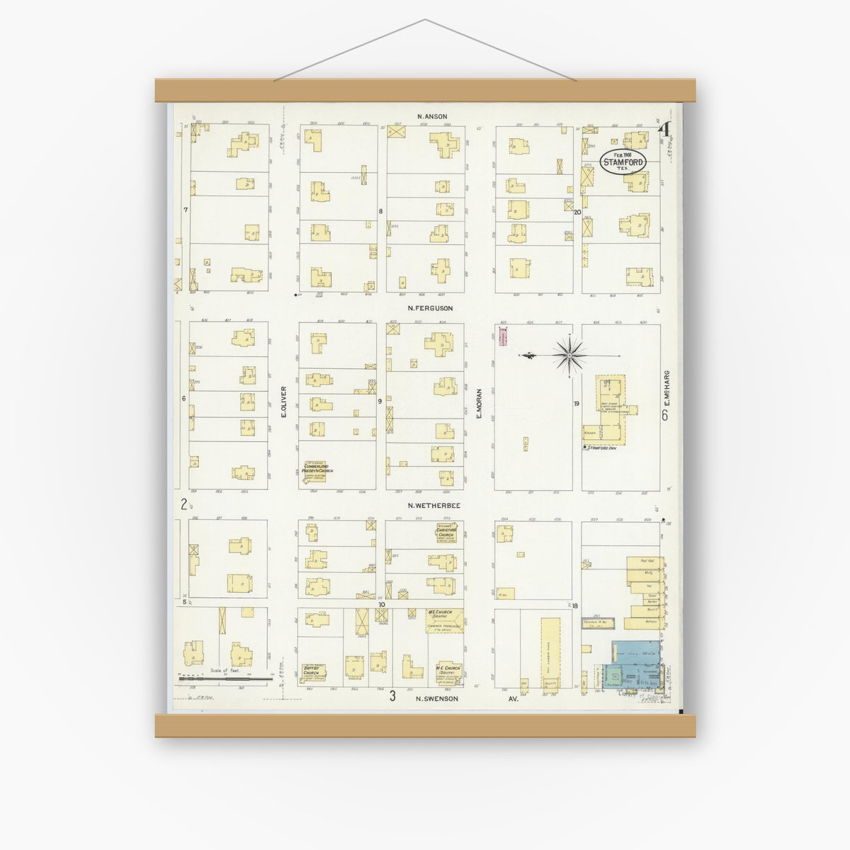Old map wall art mockup — magnetic wood frame on white wall — Sanborn Fire Insurance Map from Stamford, Jones County, Texas (1908), Sheet #0004