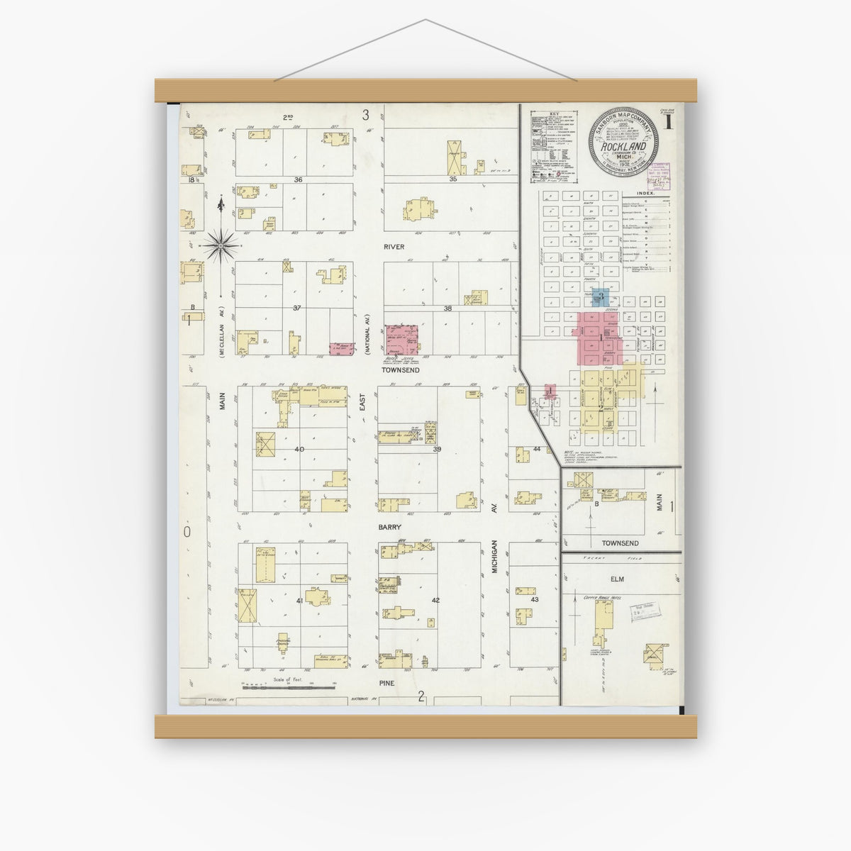Old map wall art mockup — magnetic wood frame on white wall — Sanborn Fire Insurance Map from Rockland, Ontonagon County, Michigan (1902), Sheet #0001