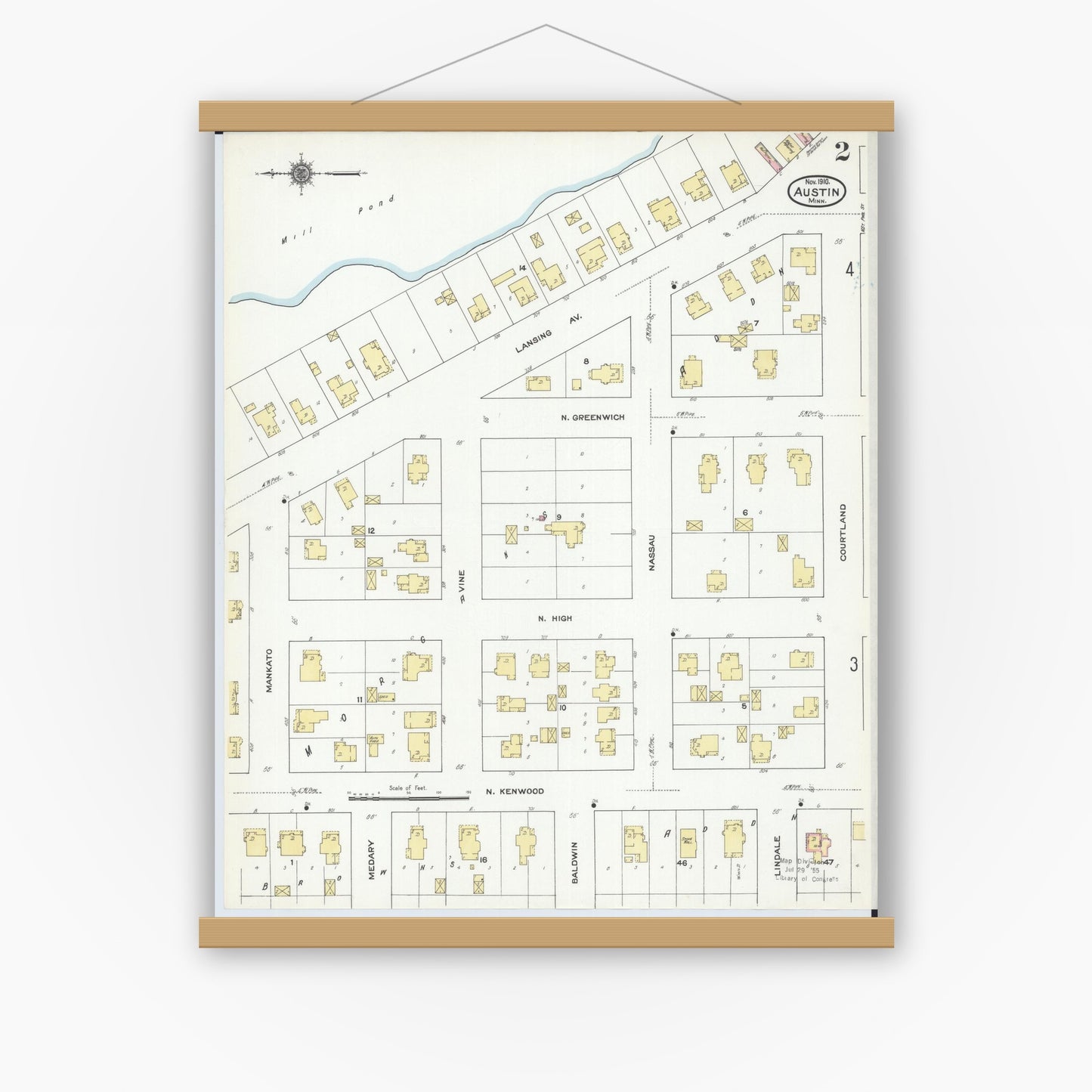 Old map wall art mockup — magnetic wood frame on white wall — Sanborn Fire Insurance Map from Austin, Mower County, Minnesota (1910), Sheet #0002