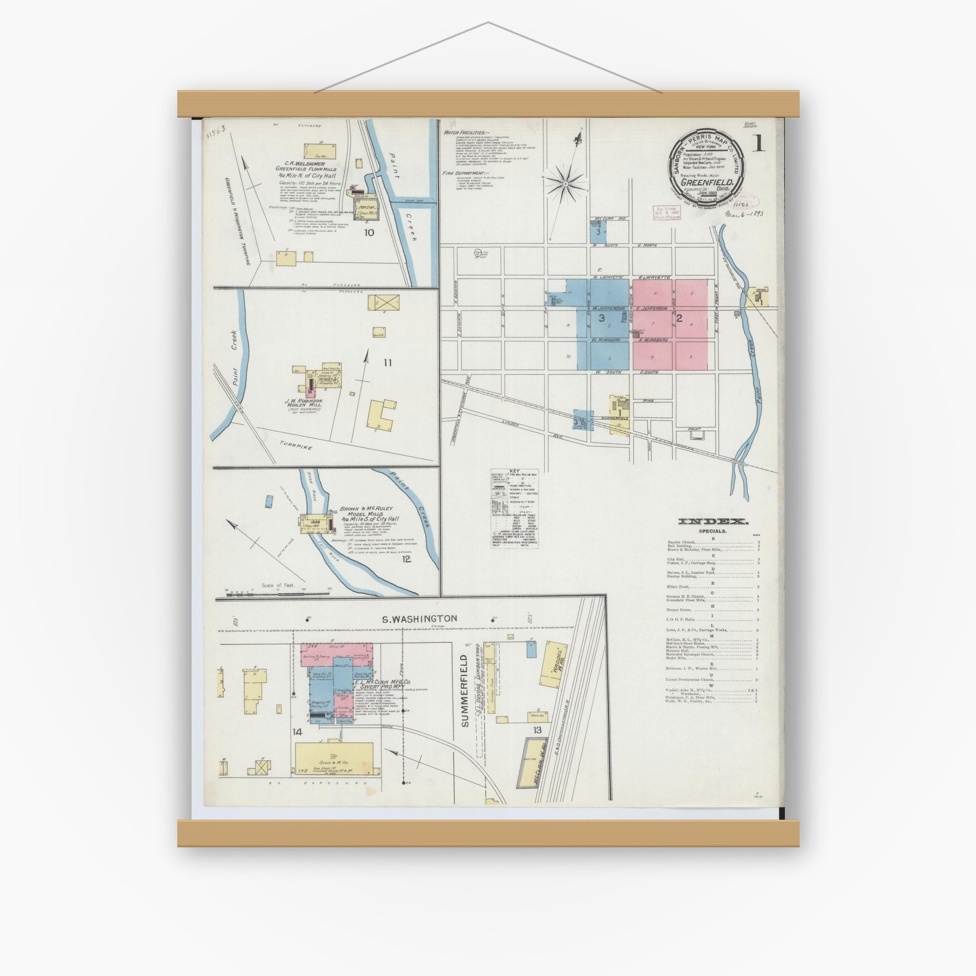 Old map wall art mockup — magnetic wood frame on white wall — Sanborn Fire Insurance Map from Greenfield, Highland County, Ohio (1893) - Complete Map Set