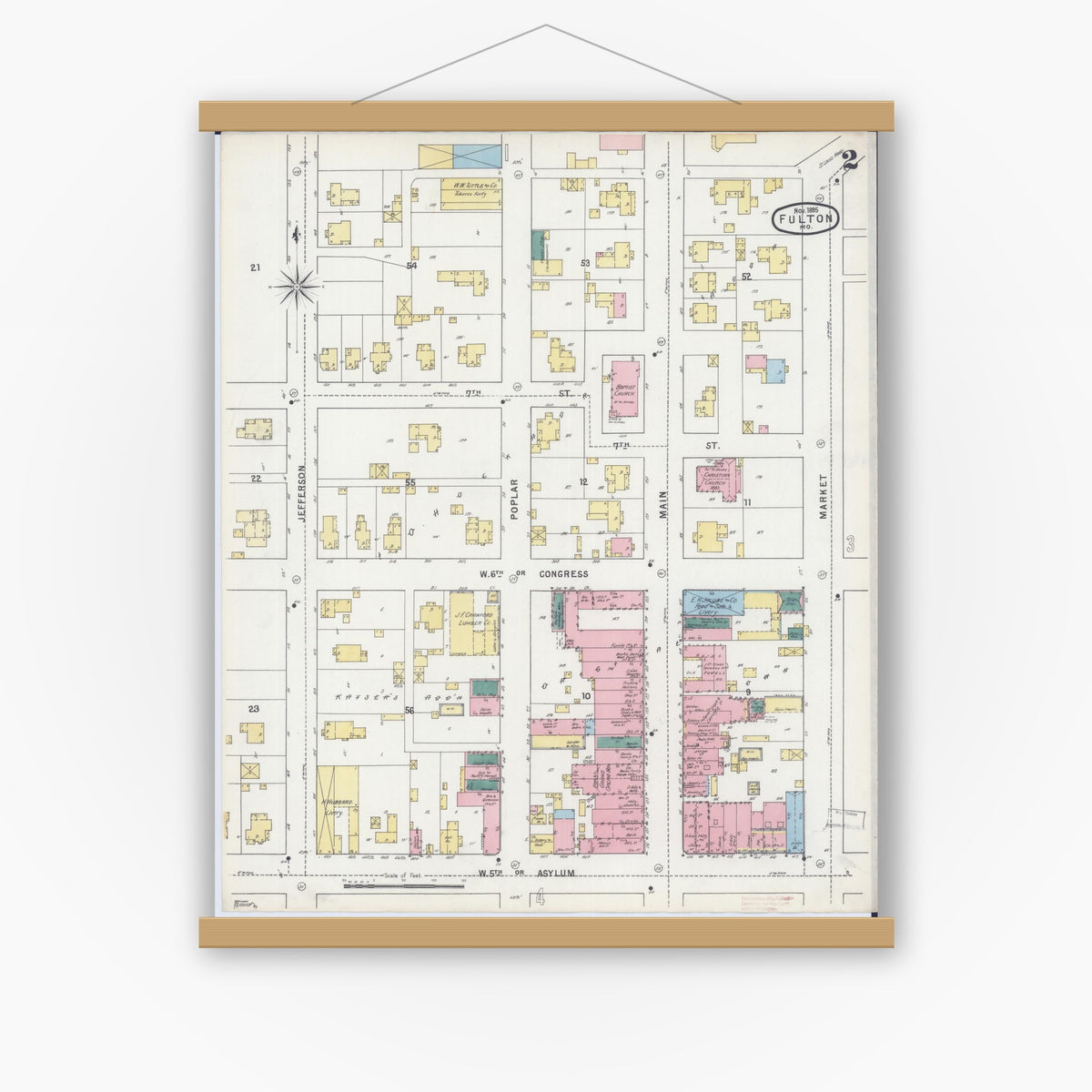 Old map wall art mockup — magnetic wood frame on white wall — Sanborn Fire Insurance Map from Fulton, Callaway County, Missouri (1895), Sheet #0002