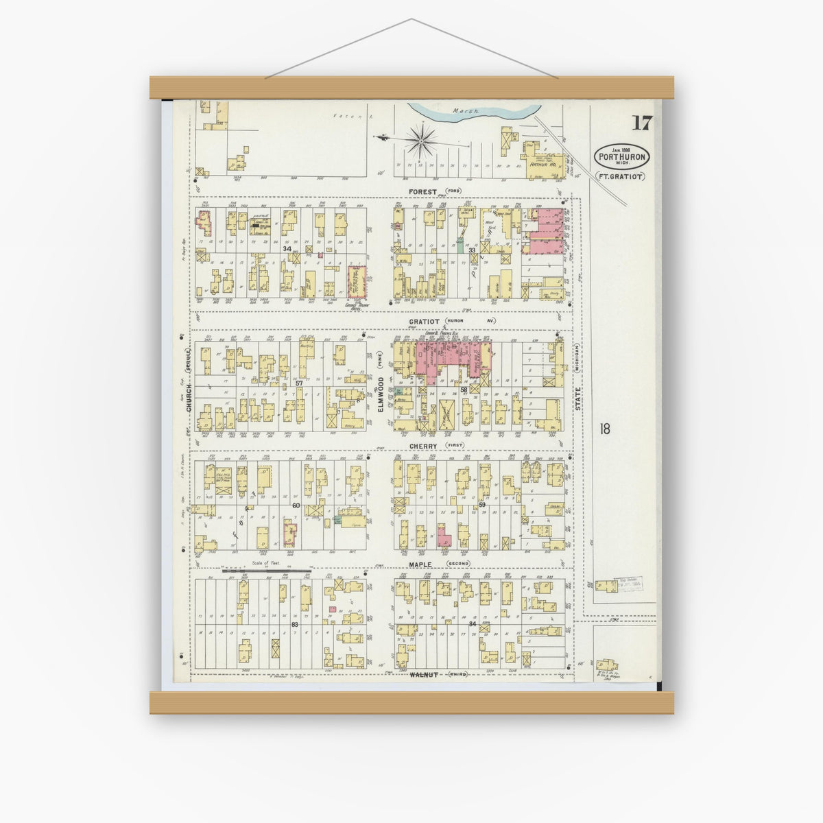 Old map wall art mockup — magnetic wood frame on white wall — Sanborn Fire Insurance Map from Port Huron, Saint Clair County, Michigan (1898), Sheet #0017