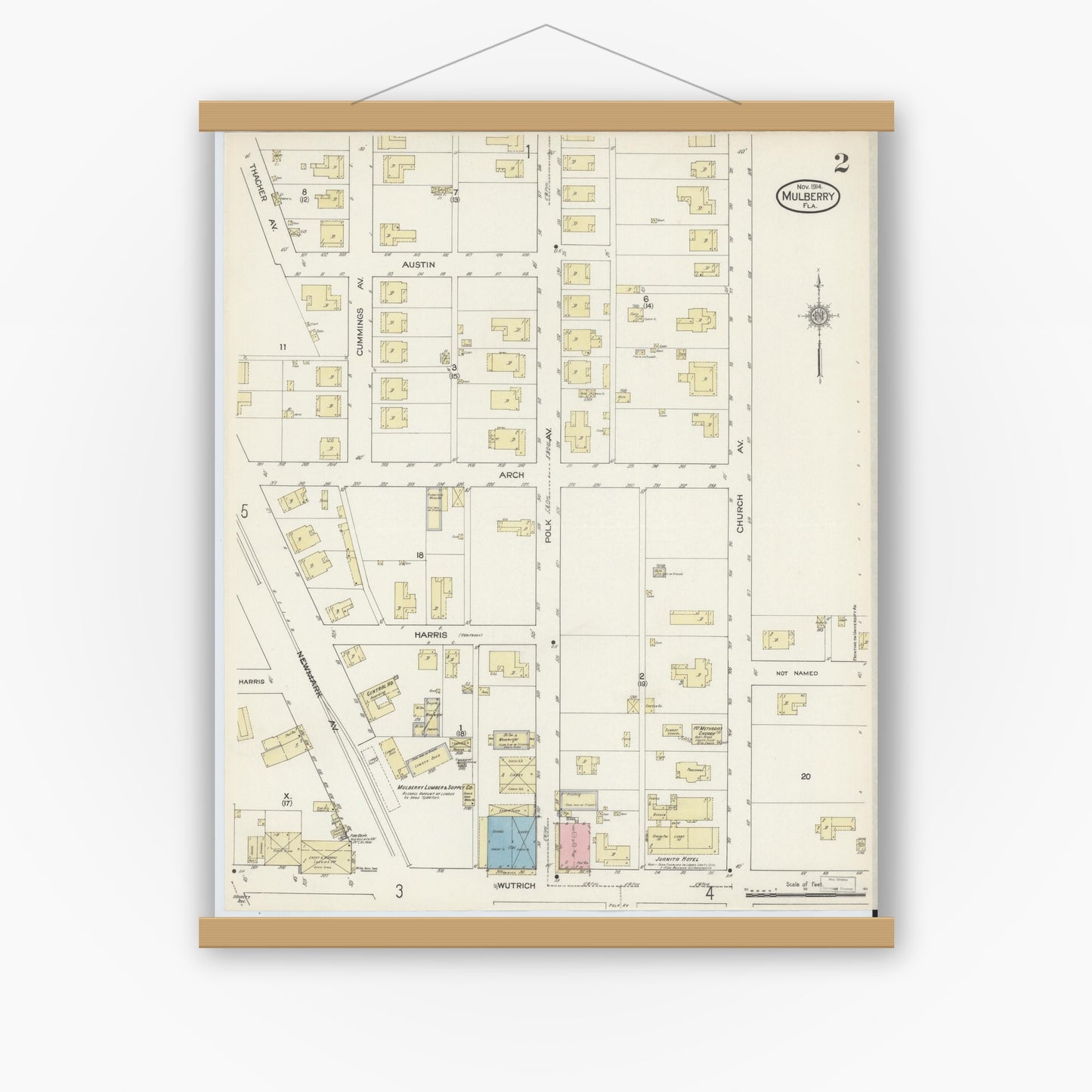 Old map wall art mockup — magnetic wood frame on white wall — Sanborn Fire Insurance Map from Mulberry, Polk County, Florida (1914), Sheet #0002