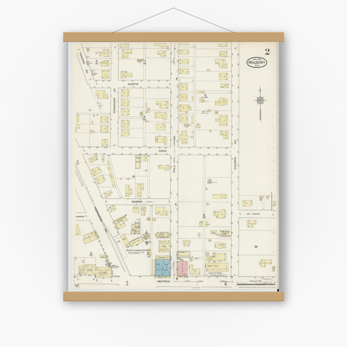 Old map wall art mockup — magnetic wood frame on white wall — Sanborn Fire Insurance Map from Mulberry, Polk County, Florida (1914), Sheet #0002