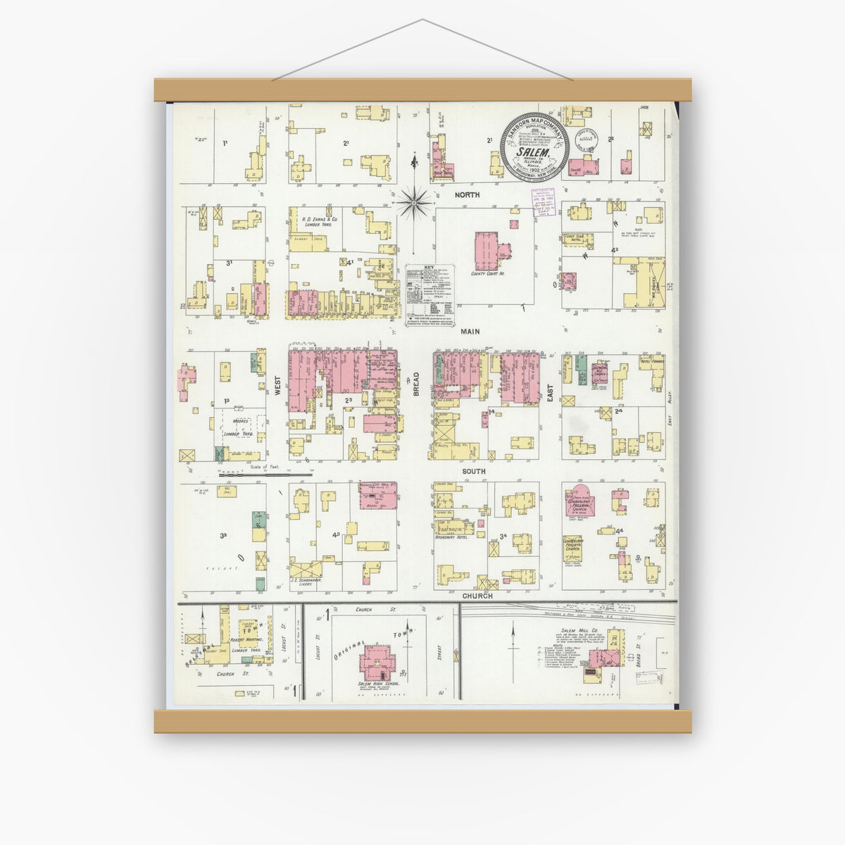 Old map wall art mockup — magnetic wood frame on white wall — Sanborn Fire Insurance Map from Salem, Marion County, Illinois (1902) - Complete Map Set