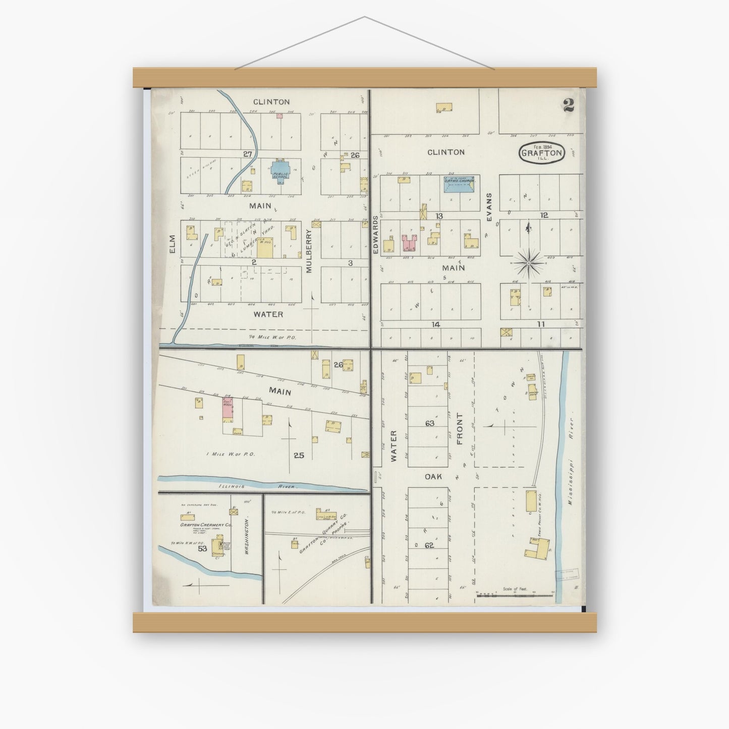 Old map wall art mockup — magnetic wood frame on white wall — Sanborn Fire Insurance Map from Grafton, Jersey County, Illinois (1894), Sheet #0002