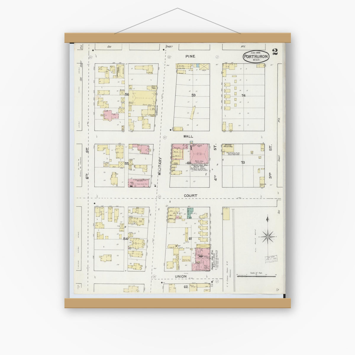 Old map wall art mockup — magnetic wood frame on white wall — Sanborn Fire Insurance Map from Port Huron, Saint Clair County, Michigan (1892), Sheet #0002