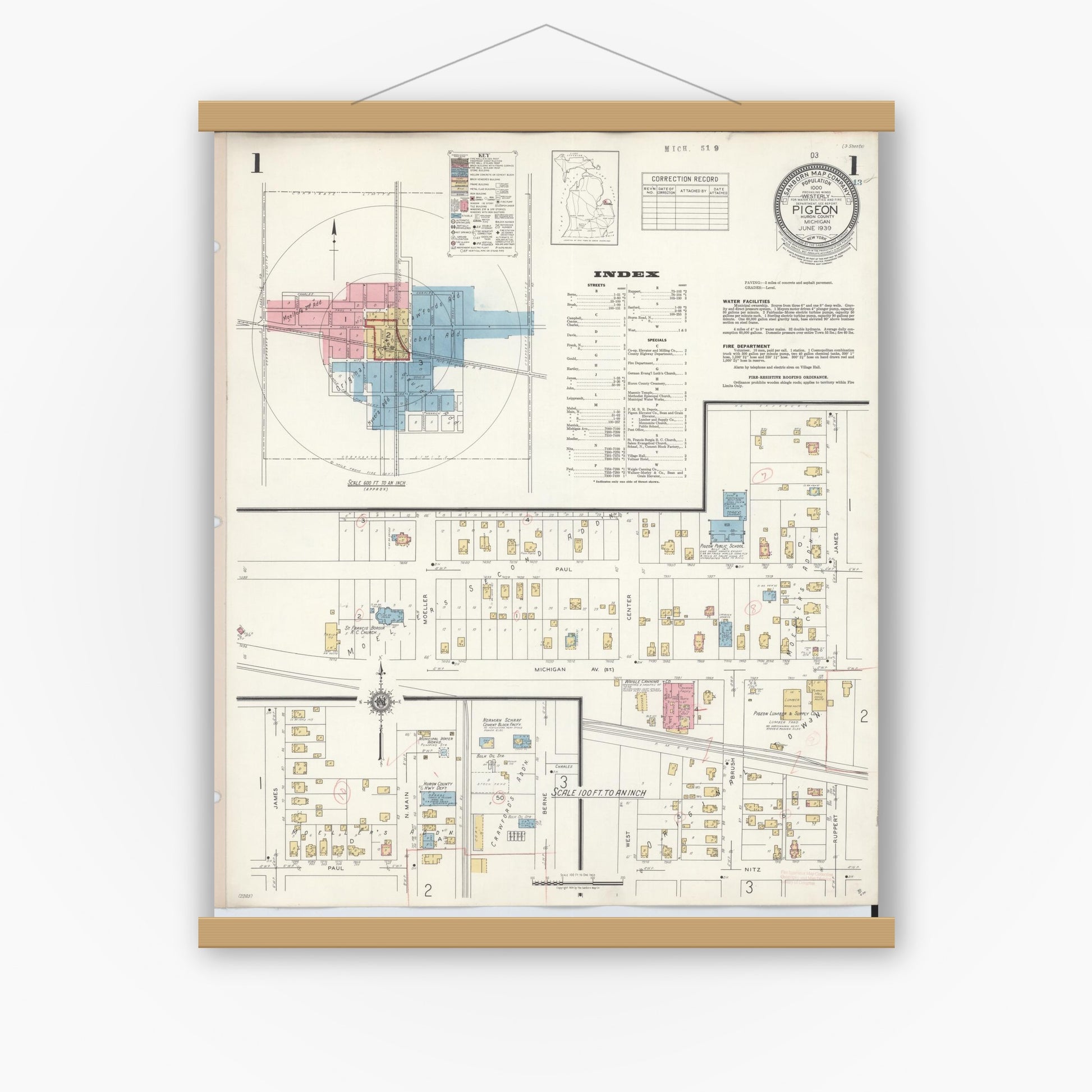 Old map wall art mockup — magnetic wood frame on white wall — Sanborn Fire Insurance Map from Pigeon, Huron County, Michigan (1939) - Complete Map Set