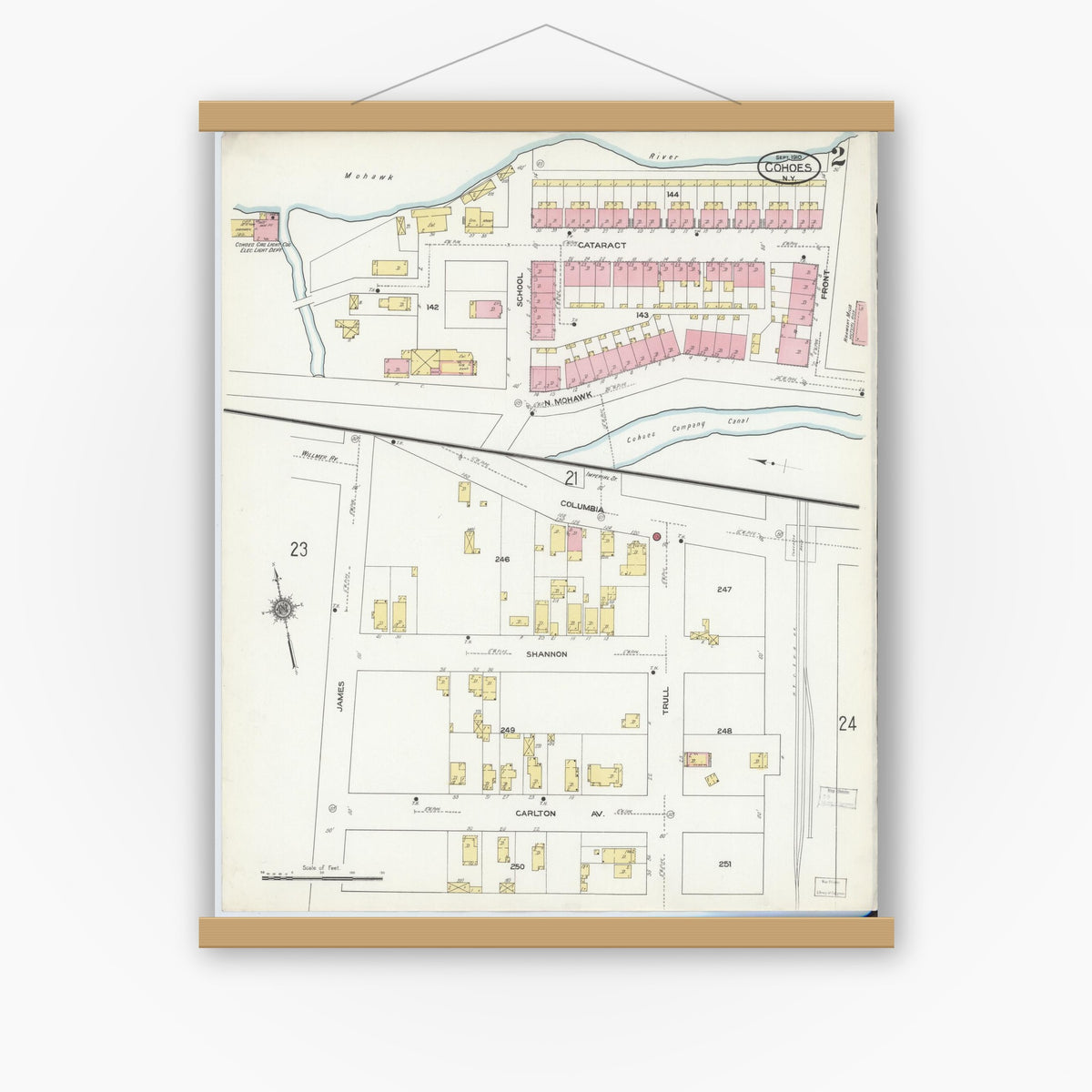 Old map wall art mockup — magnetic wood frame on white wall — Sanborn Fire Insurance Map from Cohoes, Albany County, New York (1910) - Complete Map Set
