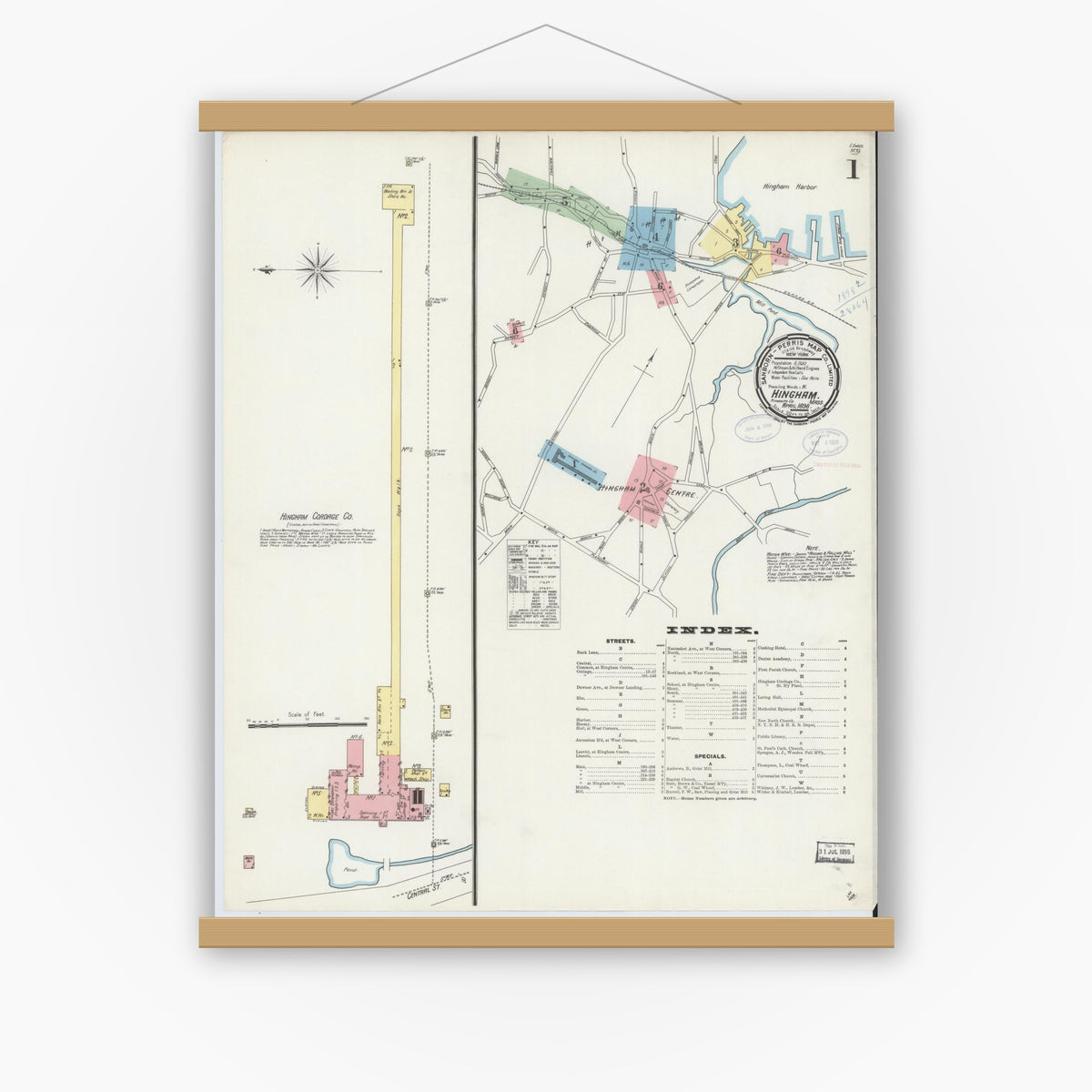 Old map wall art mockup — magnetic wood frame on white wall — Sanborn Fire Insurance Map from Hingham, Plymouth County, Massachusetts (1898) - Complete Map Set