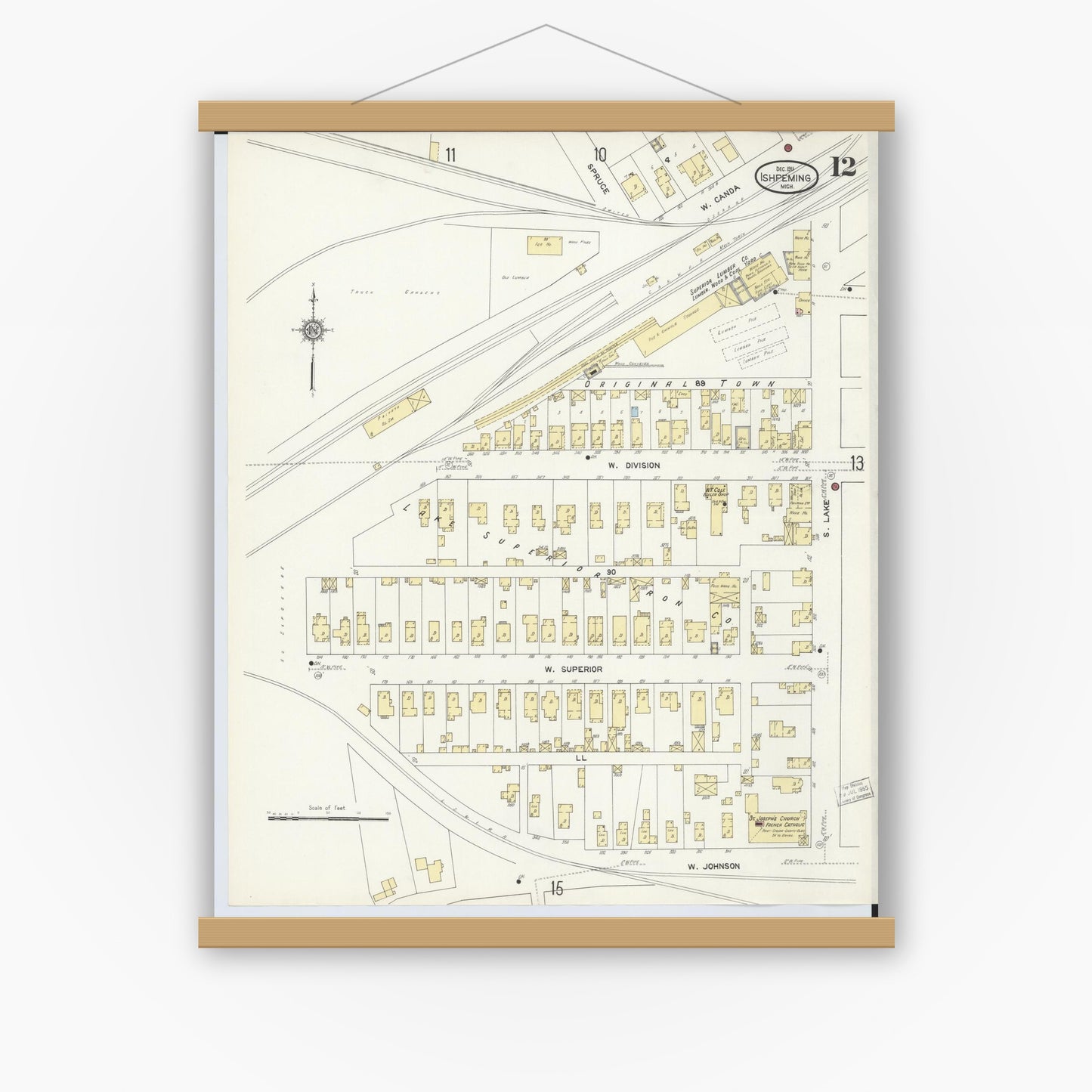 Old map wall art mockup — magnetic wood frame on white wall — Sanborn Fire Insurance Map from Ishpeming, Marquette County, Michigan (1911), Sheet #0012