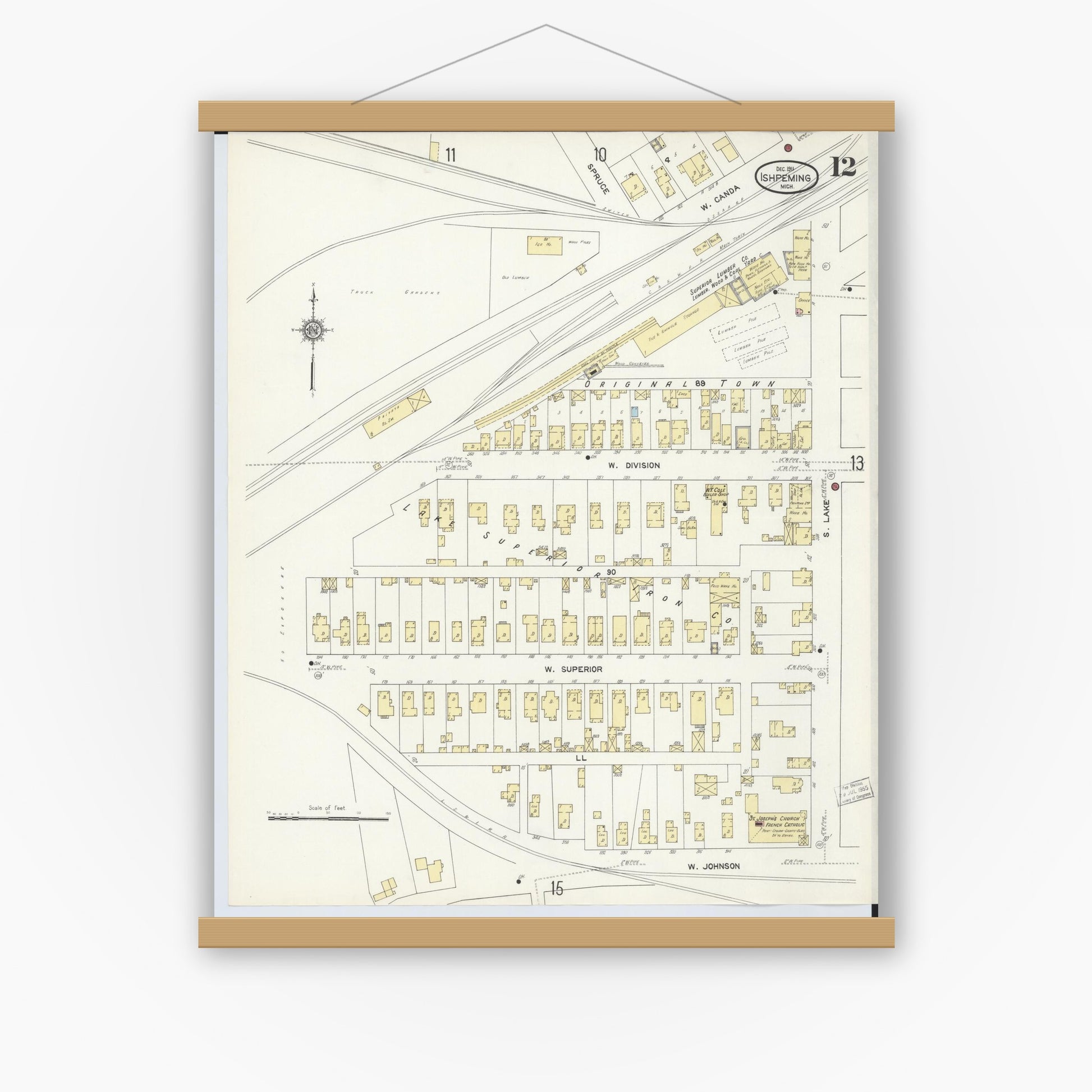 Old map wall art mockup — magnetic wood frame on white wall — Sanborn Fire Insurance Map from Ishpeming, Marquette County, Michigan (1911), Sheet #0012