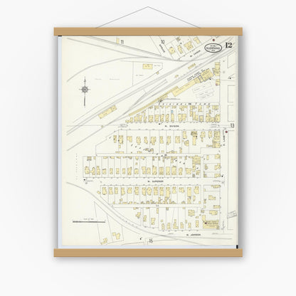 Old map wall art mockup — magnetic wood frame on white wall — Sanborn Fire Insurance Map from Ishpeming, Marquette County, Michigan (1911), Sheet #0012