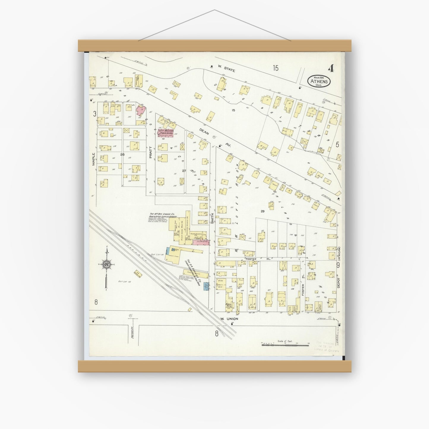 Old map wall art mockup — magnetic wood frame on white wall — Sanborn Fire Insurance Map from Athens, Athens County, Ohio (1914), Sheet #0004