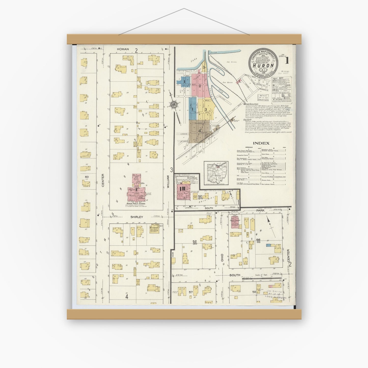 Old map wall art mockup — magnetic wood frame on white wall — Sanborn Fire Insurance Map from Huron, Erie County, Ohio (1916) - Complete Map Set