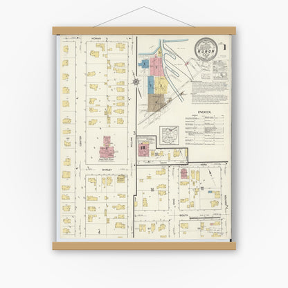 Old map wall art mockup — magnetic wood frame on white wall — Sanborn Fire Insurance Map from Huron, Erie County, Ohio (1916) - Complete Map Set