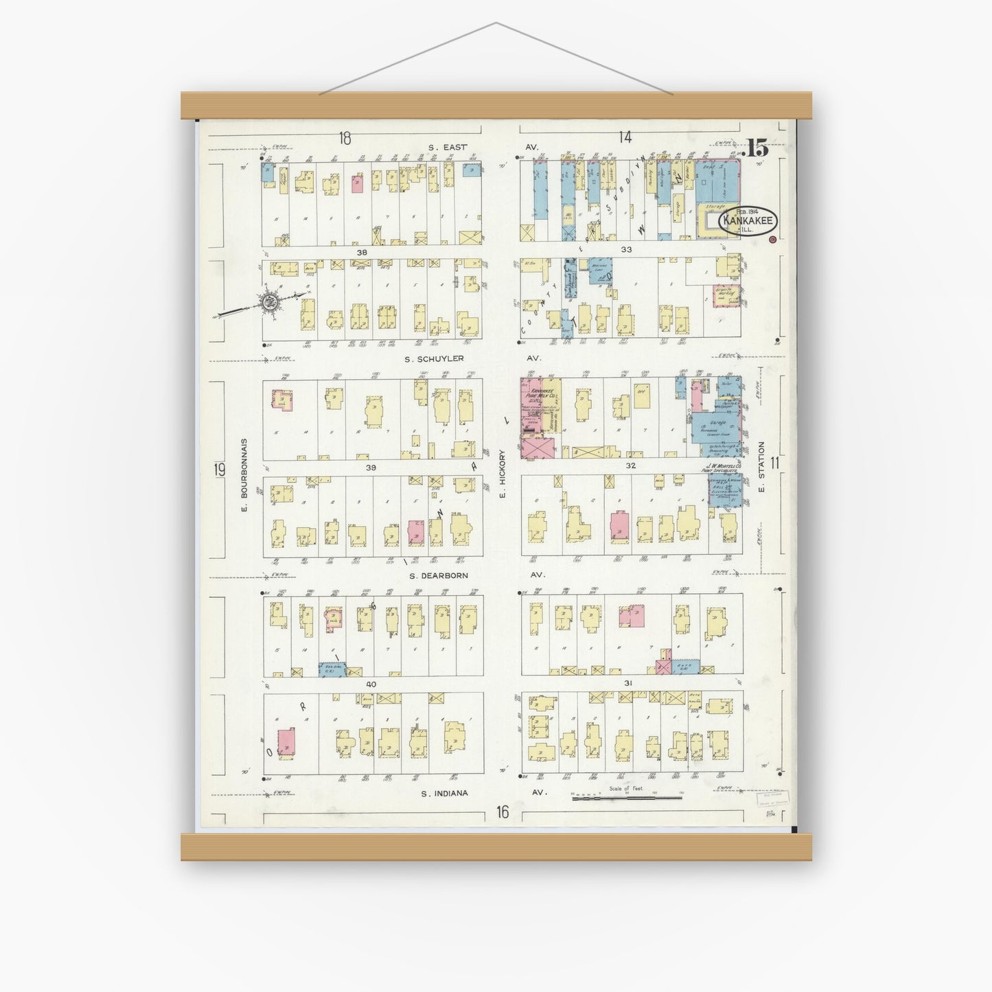 Old map wall art mockup — magnetic wood frame on white wall — Sanborn Fire Insurance Map from Kankakee, Kankakee County, Illinois (1914), Sheet #0015