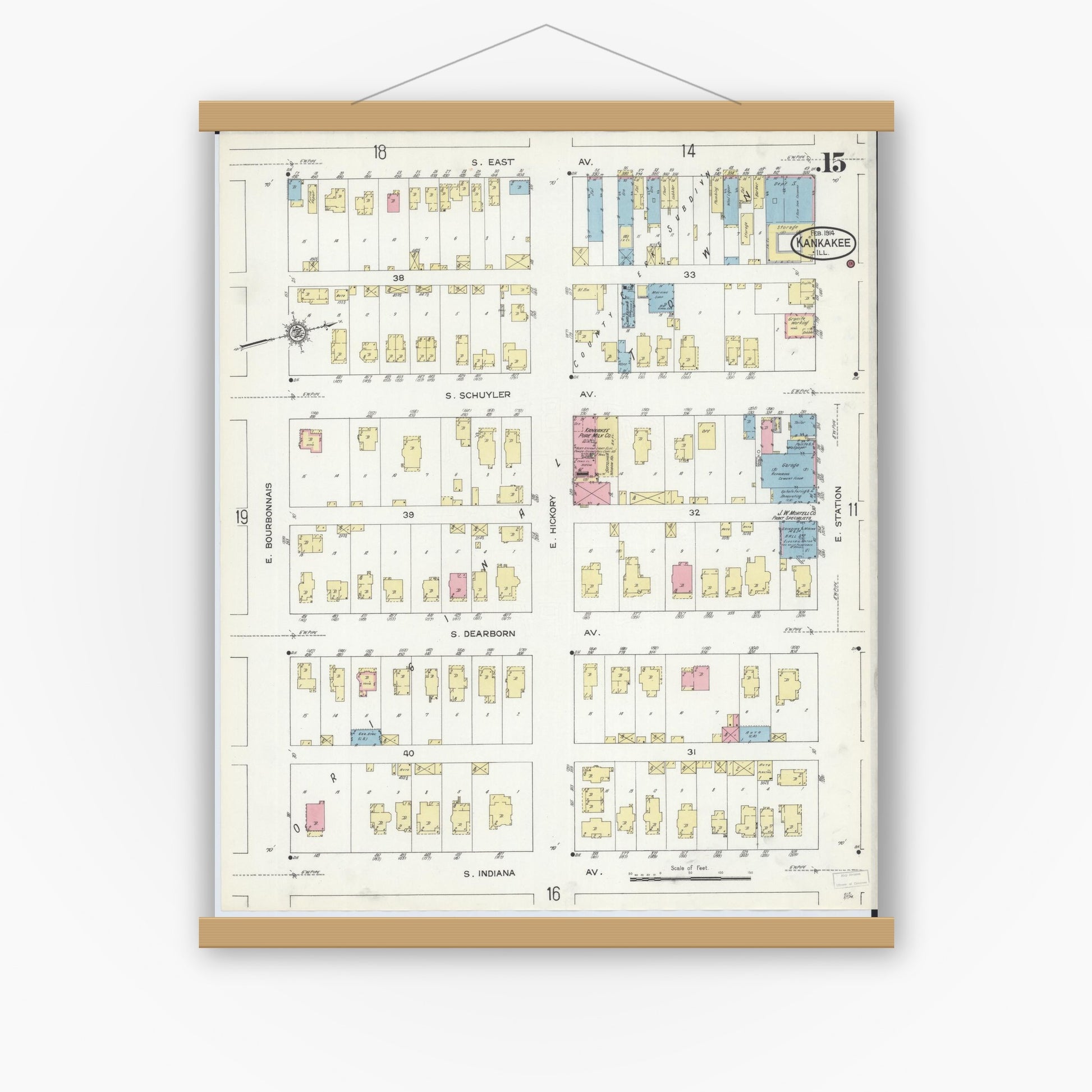 Old map wall art mockup — magnetic wood frame on white wall — Sanborn Fire Insurance Map from Kankakee, Kankakee County, Illinois (1914), Sheet #0015