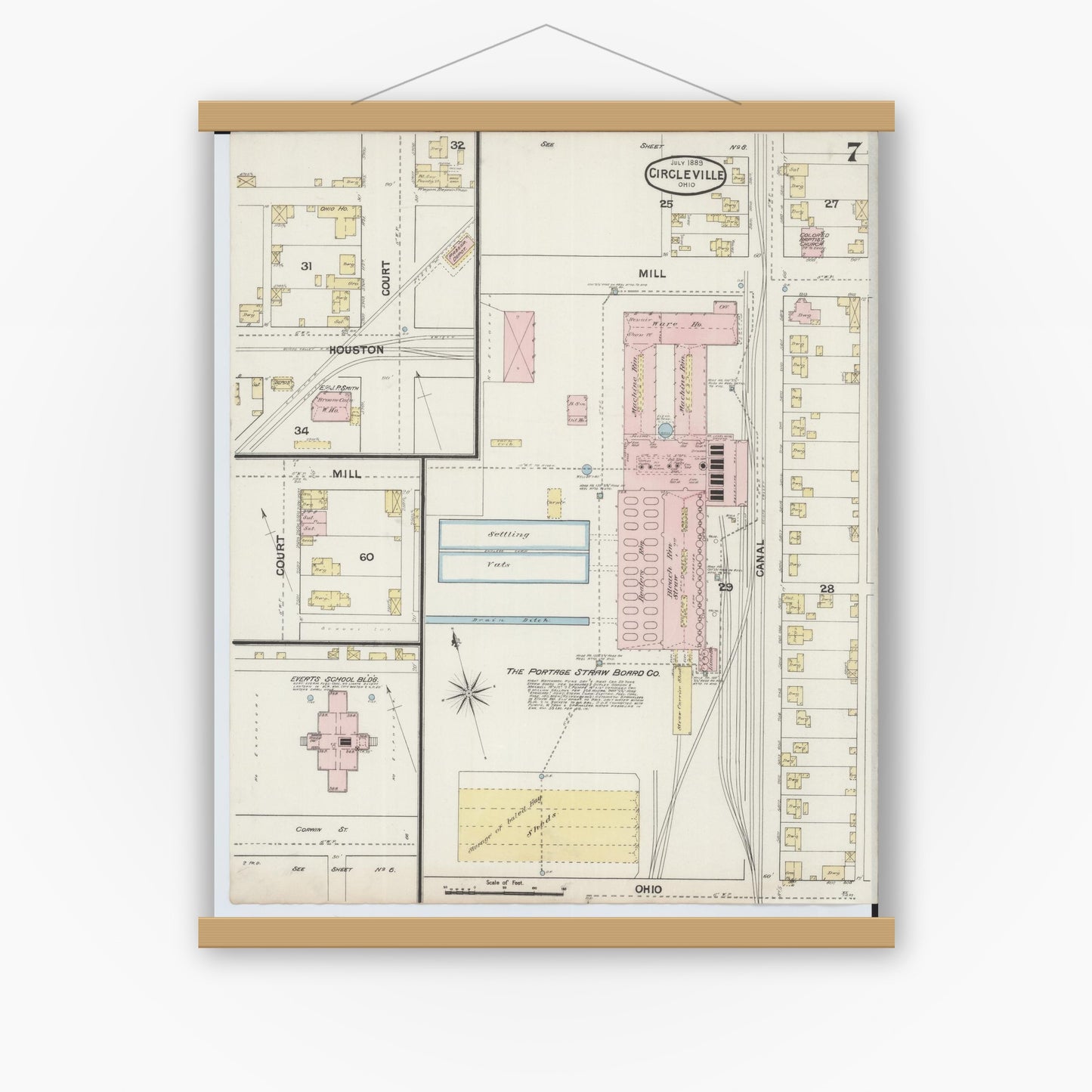Old map wall art mockup — magnetic wood frame on white wall — Sanborn Fire Insurance Map from Circleville, Pickaway County, Ohio (1889), Sheet #0007