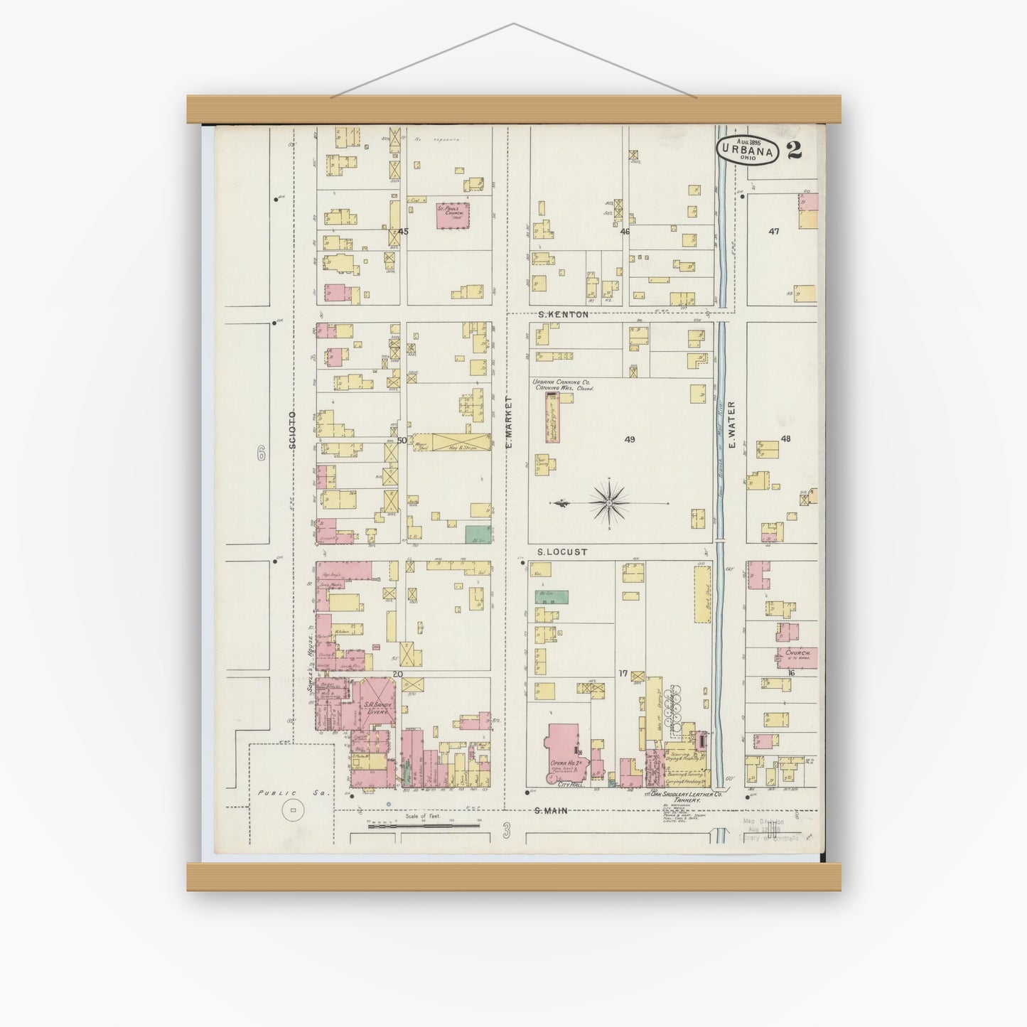 Old map wall art mockup — magnetic wood frame on white wall — Sanborn Fire Insurance Map from Urbana, Champaign County, Ohio (1895), Sheet #0002