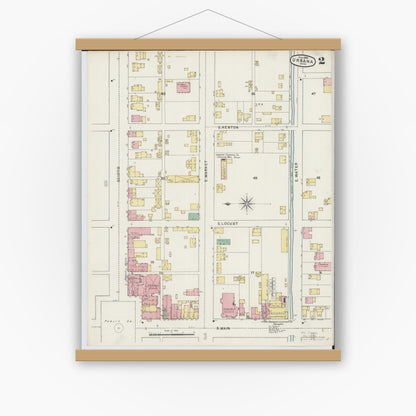 Old map wall art mockup — magnetic wood frame on white wall — Sanborn Fire Insurance Map from Urbana, Champaign County, Ohio (1895), Sheet #0002