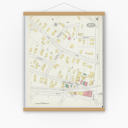 Old map wall art mockup — magnetic wood frame on white wall — Sanborn Fire Insurance Map from Westboro, Worcester County, Massachusetts (1894), Sheet #0002