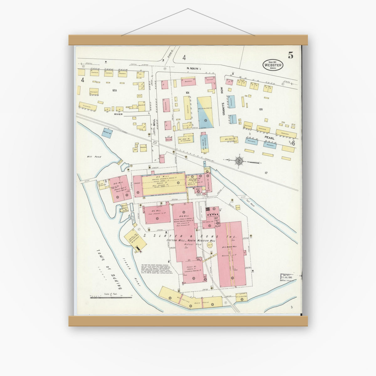 Old map wall art mockup — magnetic wood frame on white wall — Sanborn Fire Insurance Map from Webster, Worcester County, Massachusetts (1911), Sheet #0005