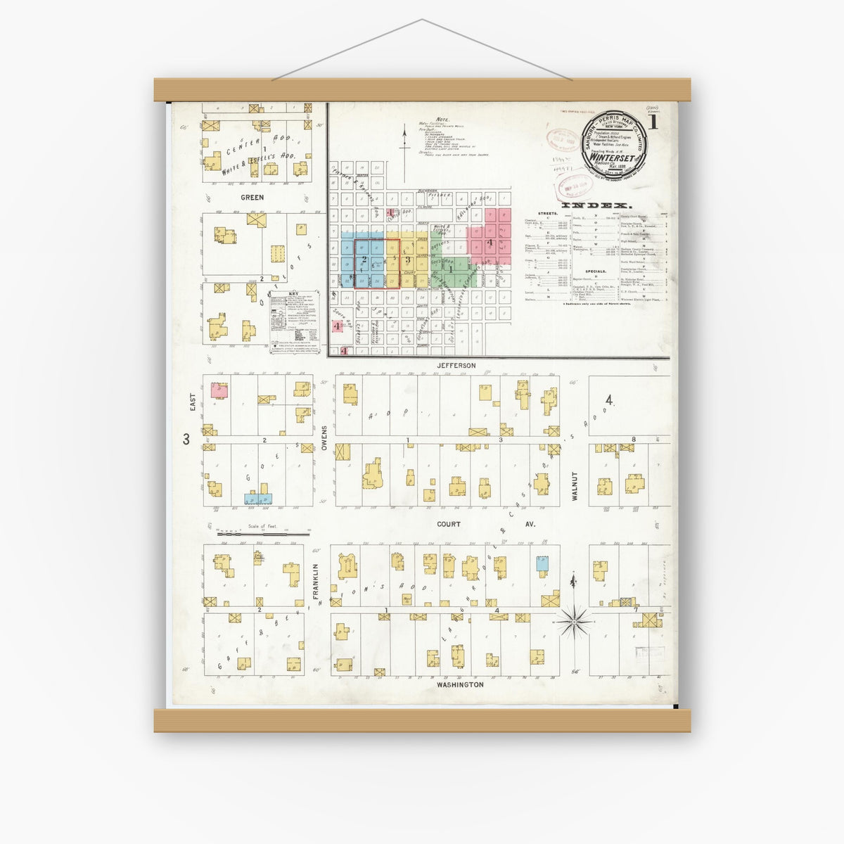 Old map wall art mockup — magnetic wood frame on white wall — Sanborn Fire Insurance Map from Winterset, Madison County, Iowa (1899), Sheet #0001