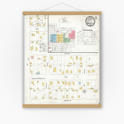 Old map wall art mockup — magnetic wood frame on white wall — Sanborn Fire Insurance Map from Winterset, Madison County, Iowa (1899), Sheet #0001