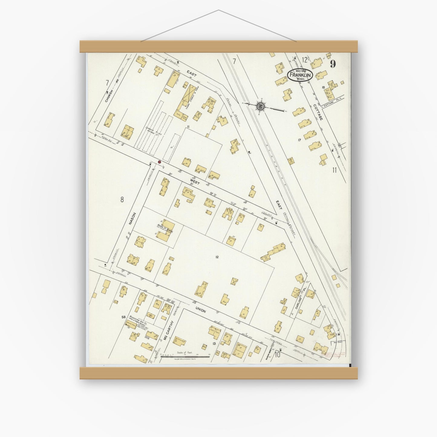Old map wall art mockup — magnetic wood frame on white wall — Sanborn Fire Insurance Map from Franklin, Norfolk County, Massachusetts (1919), Sheet #0009