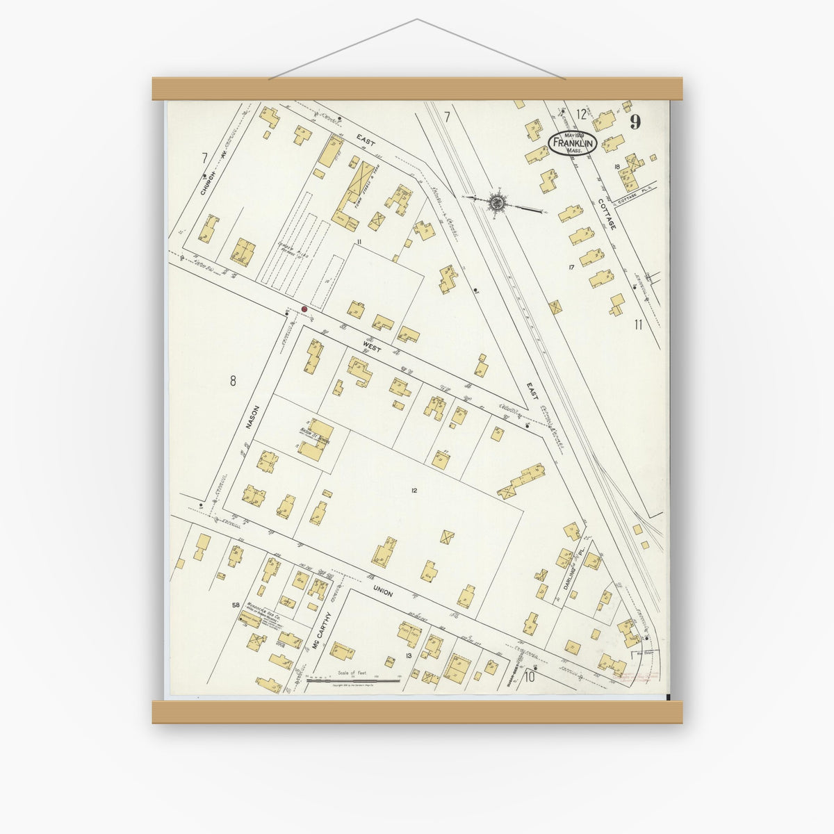 Old map wall art mockup — magnetic wood frame on white wall — Sanborn Fire Insurance Map from Franklin, Norfolk County, Massachusetts (1919), Sheet #0009