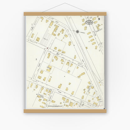 Old map wall art mockup — magnetic wood frame on white wall — Sanborn Fire Insurance Map from Franklin, Norfolk County, Massachusetts (1919), Sheet #0009