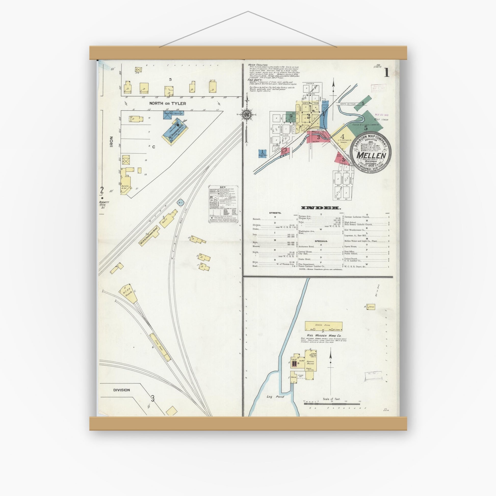 Old map wall art mockup — magnetic wood frame on white wall — Sanborn Fire Insurance Map from Mellen, Ashland County, Wisconsin (1909) - Complete Map Set