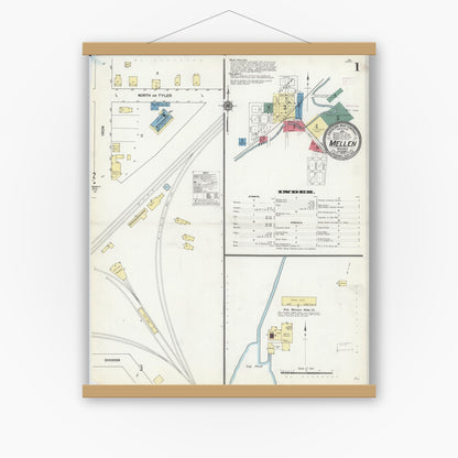 Old map wall art mockup — magnetic wood frame on white wall — Sanborn Fire Insurance Map from Mellen, Ashland County, Wisconsin (1909) - Complete Map Set