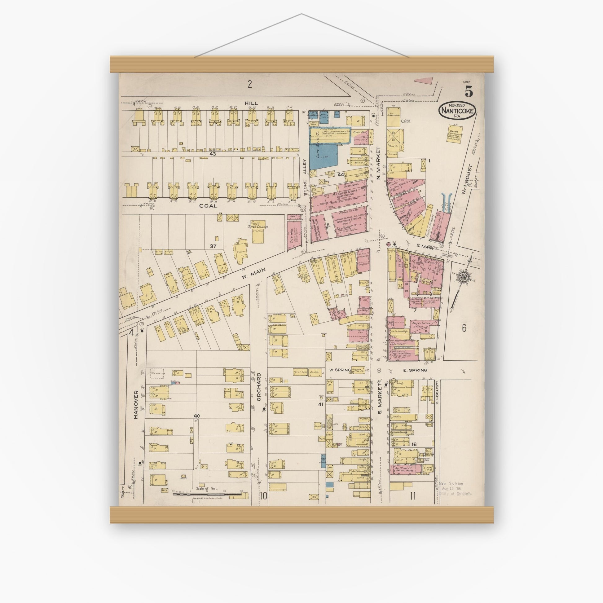Old map wall art mockup — magnetic wood frame on white wall — Sanborn Fire Insurance Map from Nanticoke, Luzerne County, Pennsylvania (1920), Sheet #0005