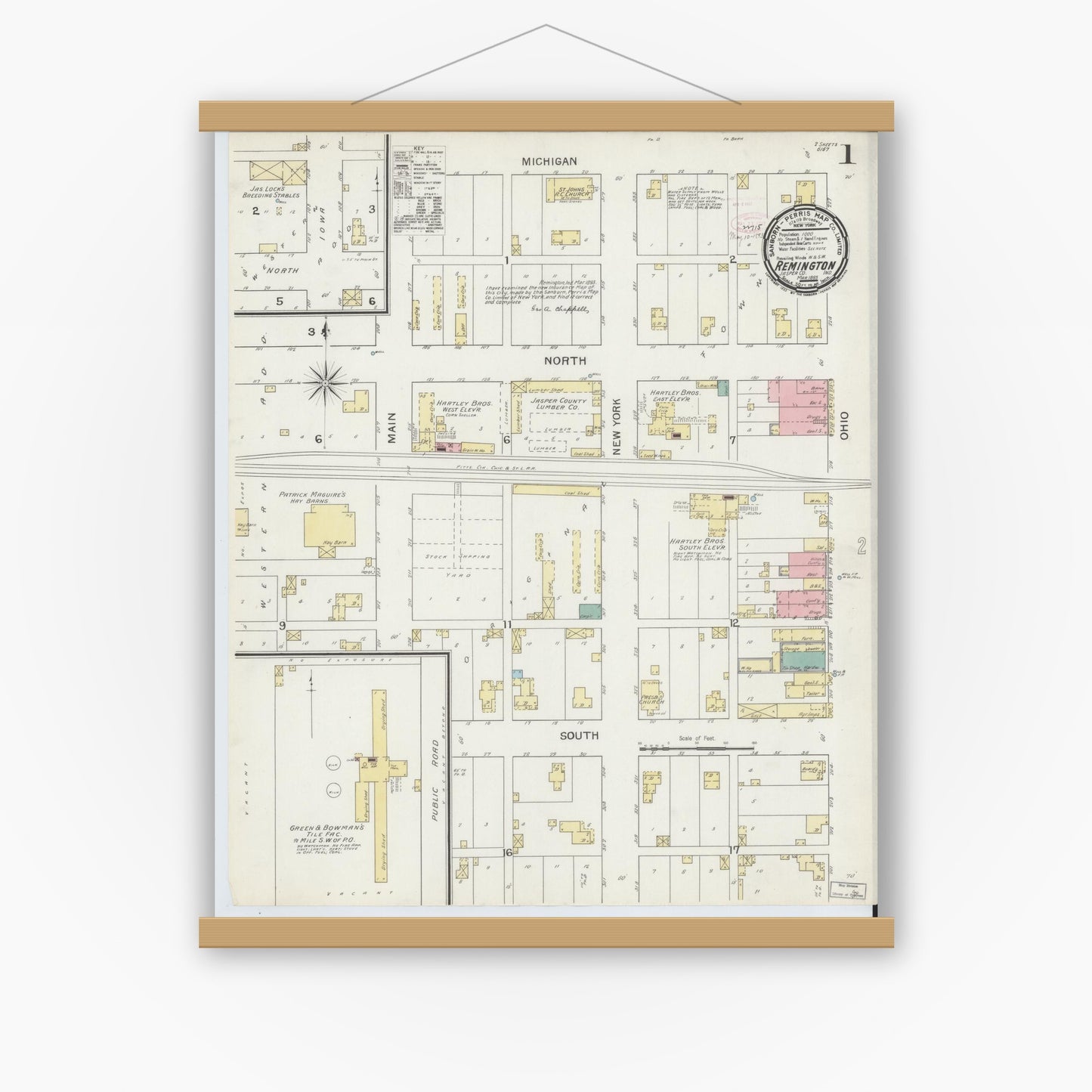 Old map wall art mockup — magnetic wood frame on white wall — Sanborn Fire Insurance Map from Remington, Jasper County, Indiana (1893), Sheet #0001
