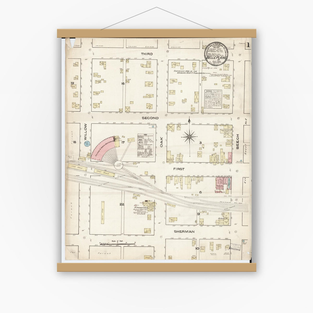 Old map wall art mockup — magnetic wood frame on white wall — Sanborn Fire Insurance Map from Belle Plaine, Benton County, Iowa (1883) â€” Complete Set
