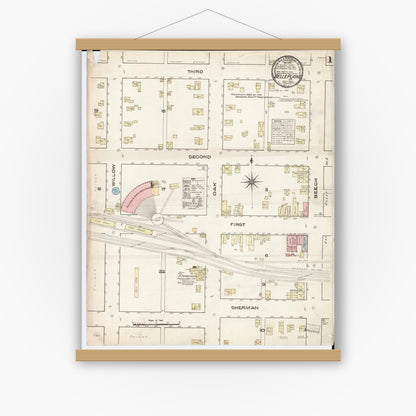 Old map wall art mockup — magnetic wood frame on white wall — Sanborn Fire Insurance Map from Belle Plaine, Benton County, Iowa (1883) â€” Complete Set