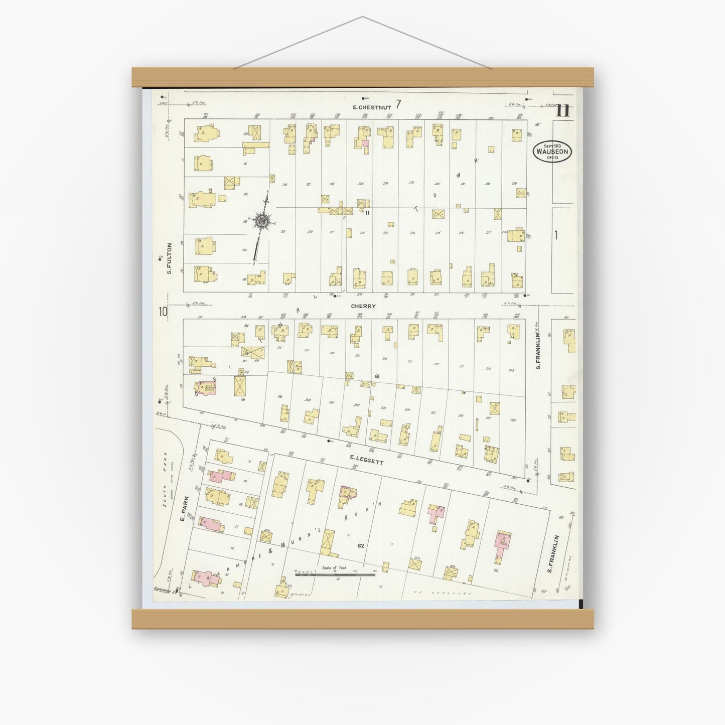 Old map wall art mockup — magnetic wood frame on white wall — Sanborn Fire Insurance Map from Wauseon, Fulton County, Ohio (1910), Sheet #0011
