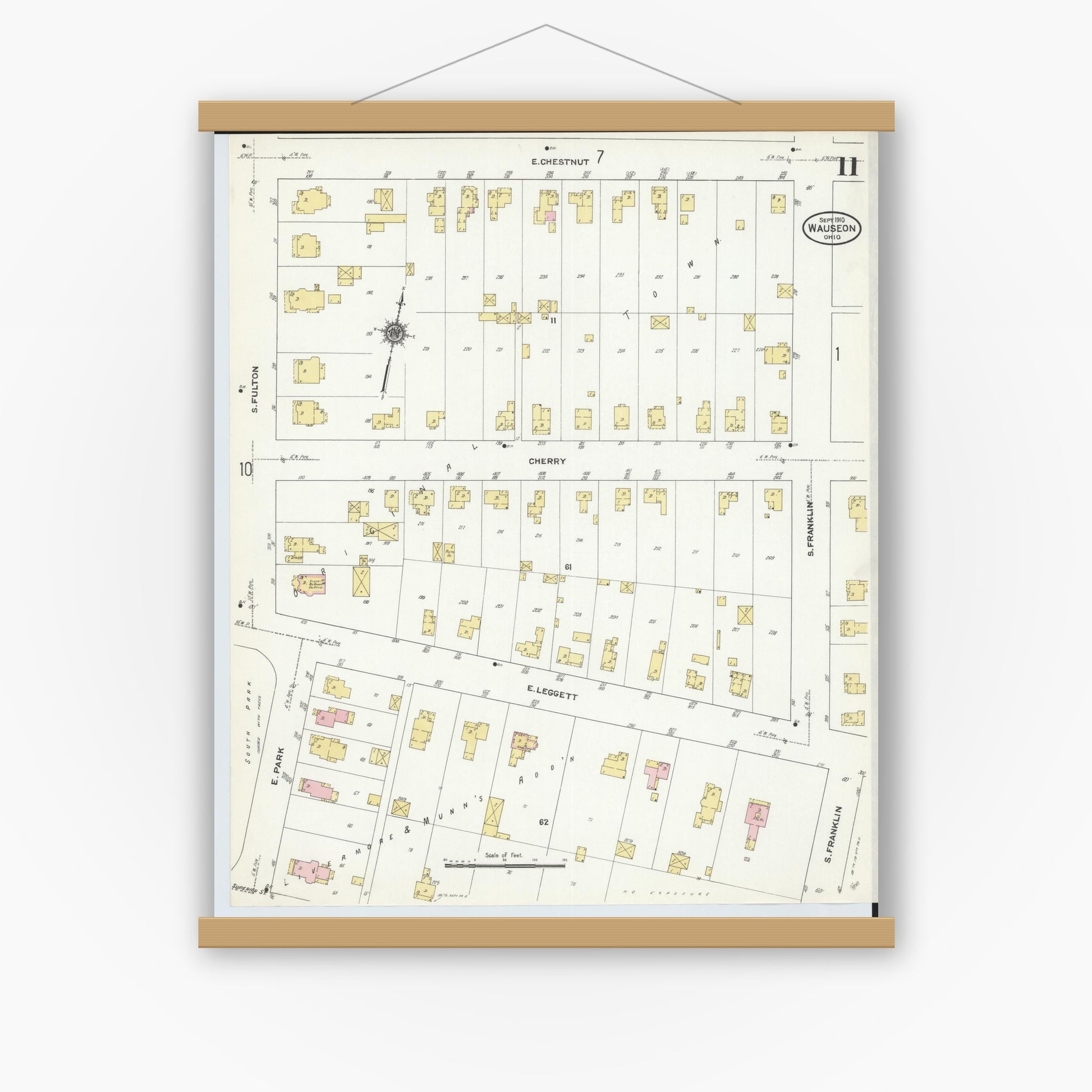 Old map wall art mockup — magnetic wood frame on white wall — Sanborn Fire Insurance Map from Wauseon, Fulton County, Ohio (1910), Sheet #0011