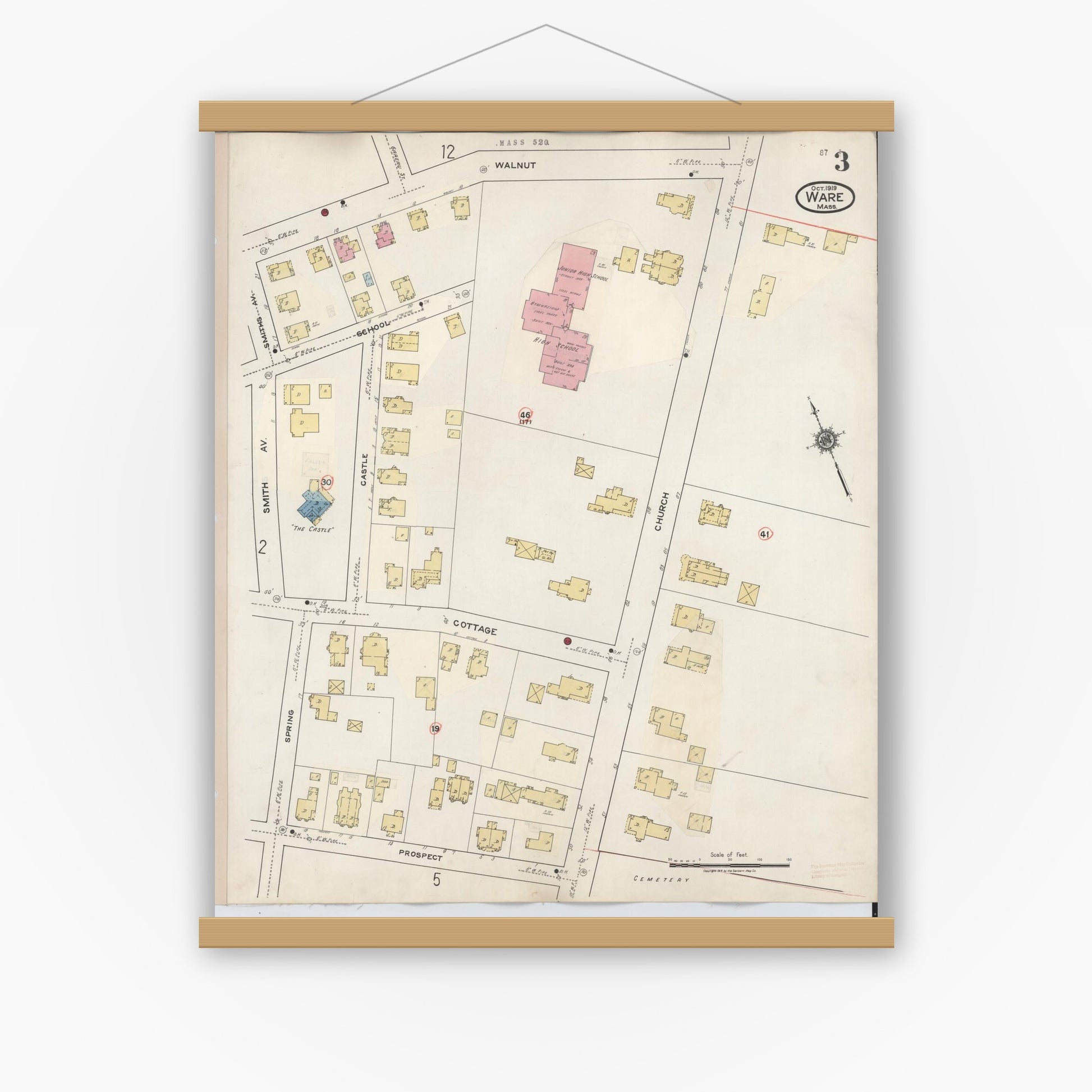Old map wall art mockup — magnetic wood frame on white wall — Sanborn Fire Insurance Map from Ware, Hampshire County, Massachusetts (1946), Sheet #0003