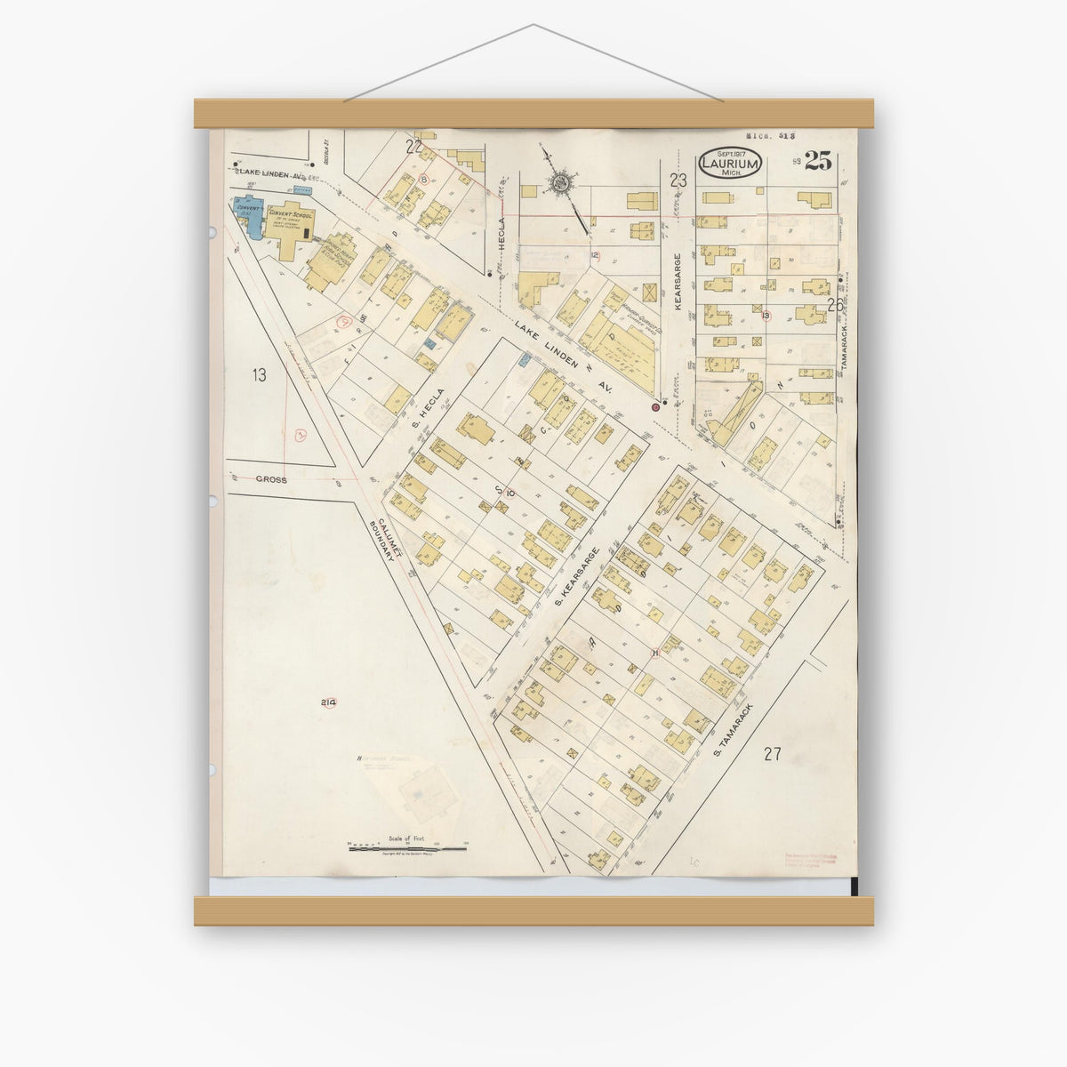 Old map wall art mockup — magnetic wood frame on white wall — Sanborn Fire Insurance Map from Laurium, Houghton County, Michigan (1949), Sheet #0025