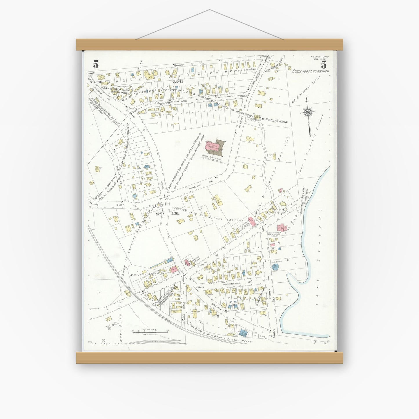 Old map wall art mockup — magnetic wood frame on white wall — Sanborn Fire Insurance Map from Cleves, Hamilton County, Ohio (1938), Sheet #0005
