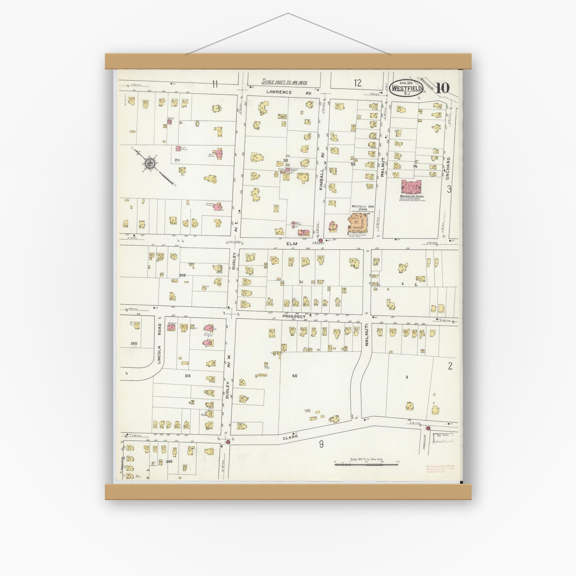Old map wall art mockup — magnetic wood frame on white wall — Sanborn Fire Insurance Map from Westfield, Union County, New Jersey (1916), Sheet #0010