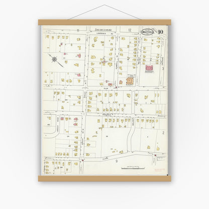 Old map wall art mockup — magnetic wood frame on white wall — Sanborn Fire Insurance Map from Westfield, Union County, New Jersey (1916), Sheet #0010
