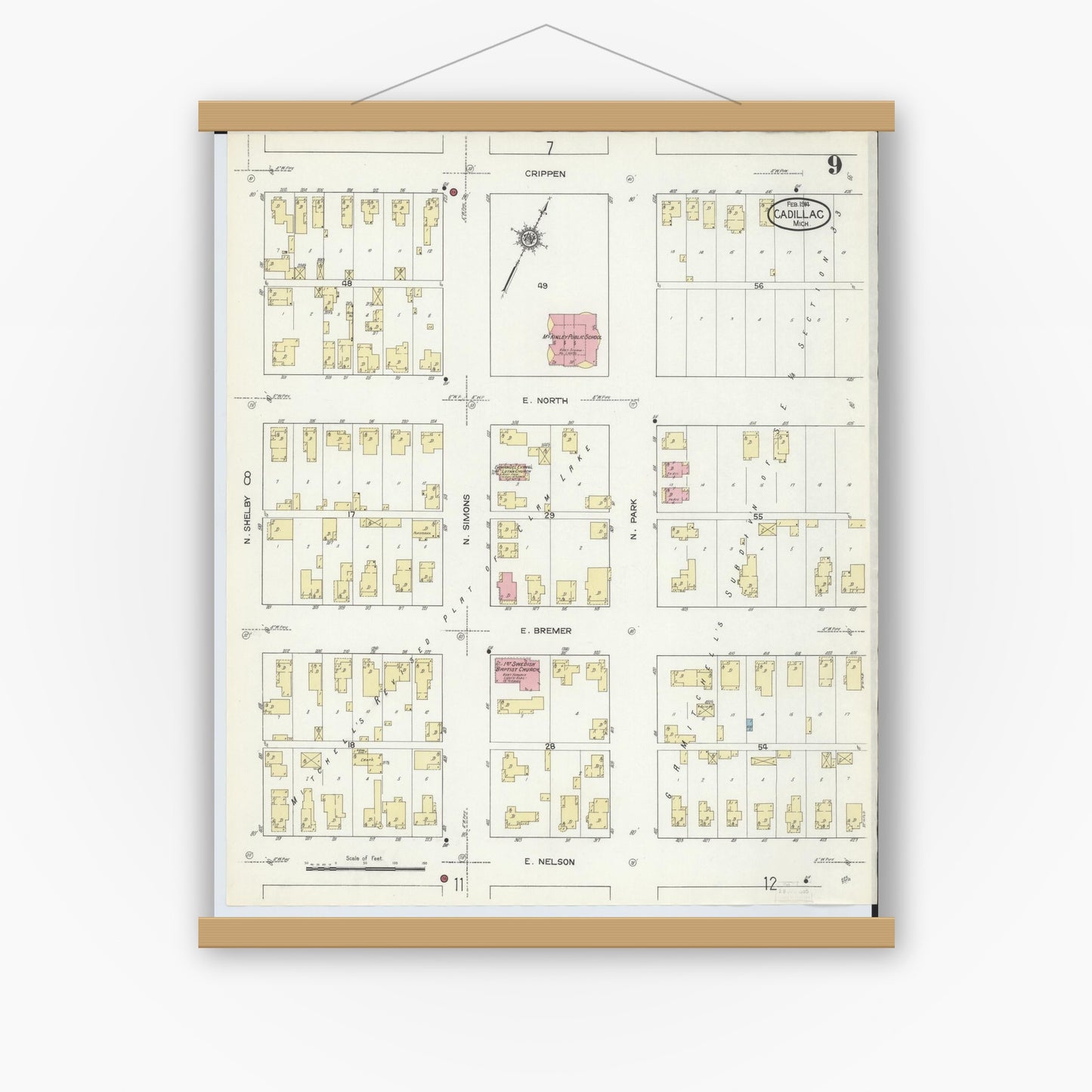 Old map wall art mockup — magnetic wood frame on white wall — Sanborn Fire Insurance Map from Cadillac, Wexford County, Michigan (1914), Sheet #0009