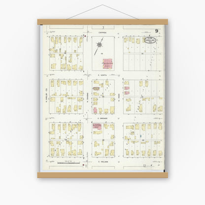 Old map wall art mockup — magnetic wood frame on white wall — Sanborn Fire Insurance Map from Cadillac, Wexford County, Michigan (1914), Sheet #0009