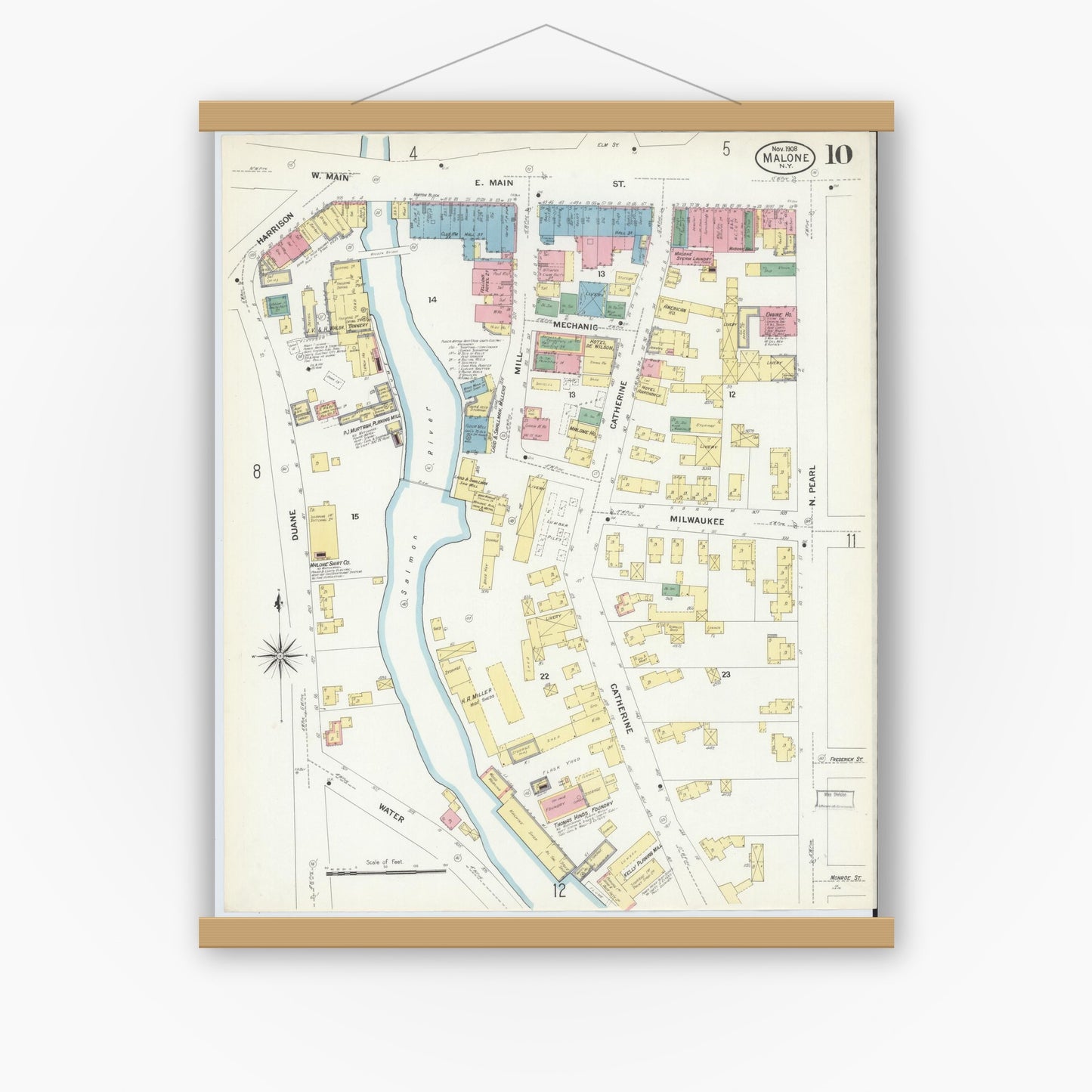 Old map wall art mockup — magnetic wood frame on white wall — Sanborn Fire Insurance Map from Malone, Franklin County, New York (1908), Sheet #0010